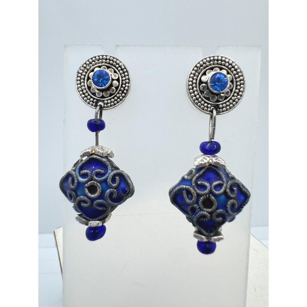 Bohemian Cobalt Blue Glass Filigree Drop Earrings Silver Tone Rhinestone Dangle